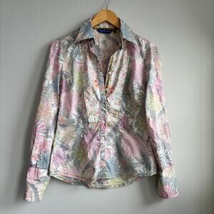 Georg Roth Women's Floral Print Button Down 100% Cotton Plaid Flip Cuff Size XS